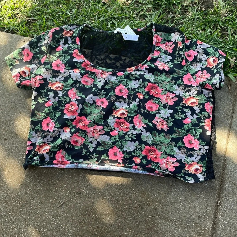 ambiance apparel black pink floral rose crop top w black  lace back shirt